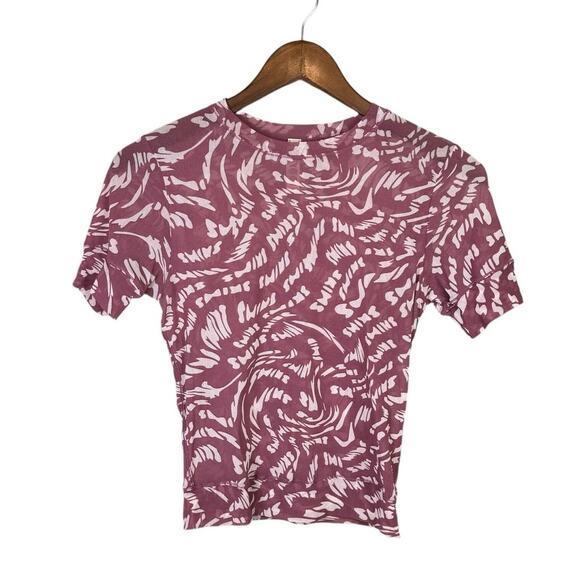 SKIMS Summer Mesh Raspberry Swirl Logo Sheer Short Sleeve Fitted Slim Top Shirt - Picture 7 of 11